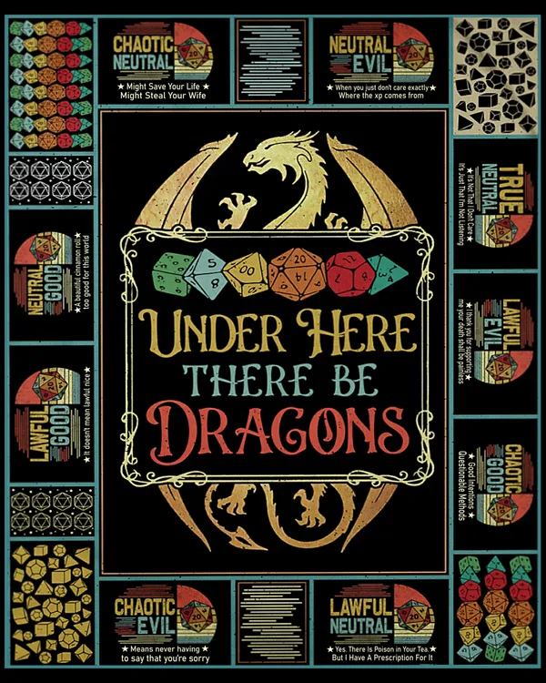Under Here There Be Dragons Cozy Plush fleece Blanket, Dungeons And Dragons Blanket, Fleece Blanket