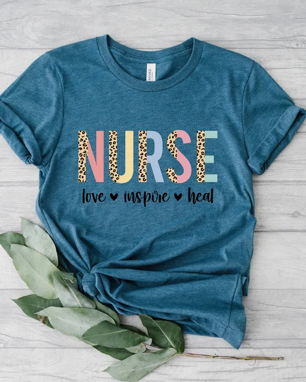 Nurse Love Inspire Heal Shirt, Nursing Shirt, Leopard Nurse Shirt, RN Shirt, Registered Nurse Shirt, Nurse Week Shirt, Nursing School Tee