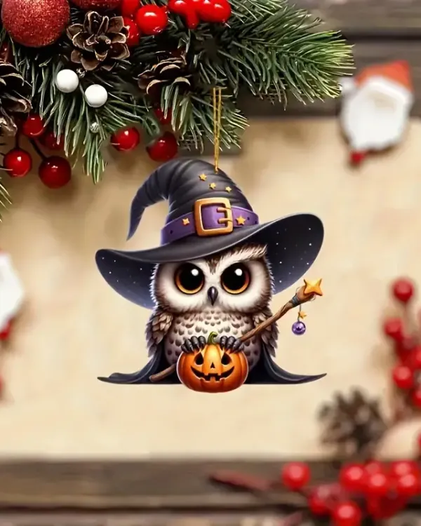 Vintage Style Owl with Witch Hat & Pumpkin 2D Acrylic Hanging Ornament - Gift For Farm , Ornament Decor , Birthday Gift