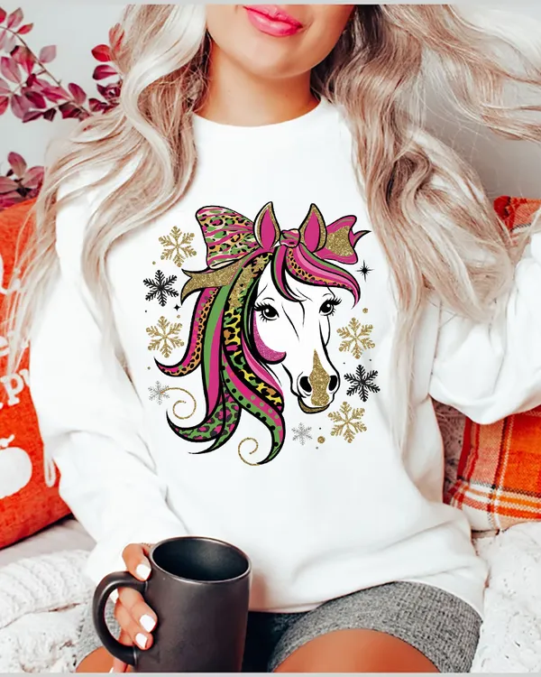 [UNIQUE] GLAMOROUS HOLIDAY HORSE FESTIVE LEOPARD BOW T-SHIRT