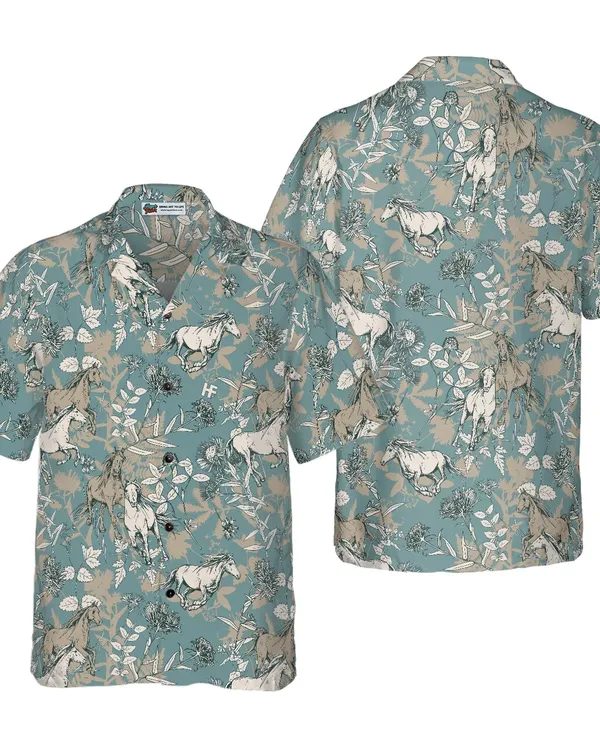 Beautiful Horses Shirt For Men Hawaiian Shirt, Horse Tropical Green Leaves Aloha Shirt For Men, Perfect Gift For Horse Lovers, Friends, Husband, Boyfriend, Family