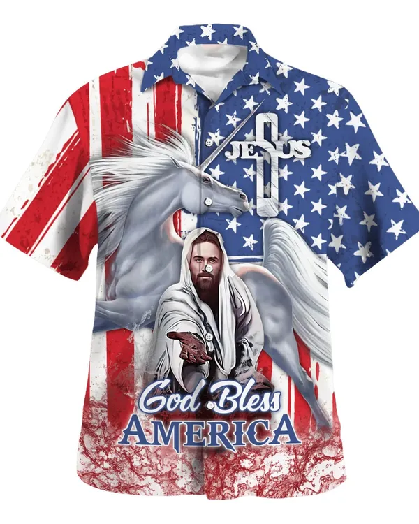 Jesus Horse God Bless America Hawaiian Shirt - Christian Hawaiian Shirt - Best Hawaiian Shirts