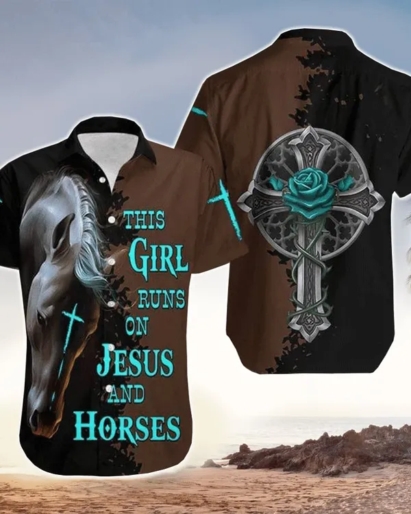 This Girl Runs On Jesus And Horse Black Brown Hawaiian Shirt - Christian Hawaiian Shirts For Men & Women