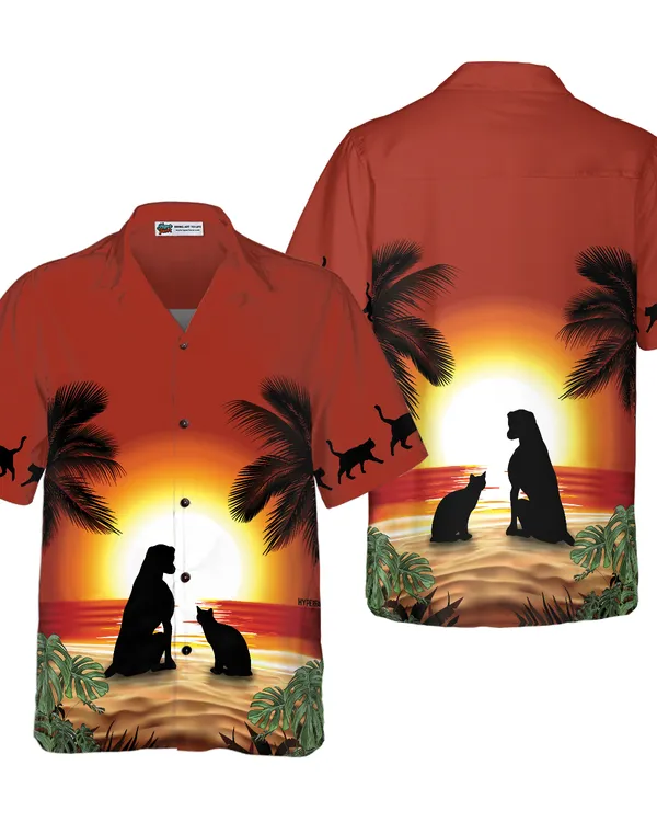 Cat And Dog Sunset Hawaiian Shirt