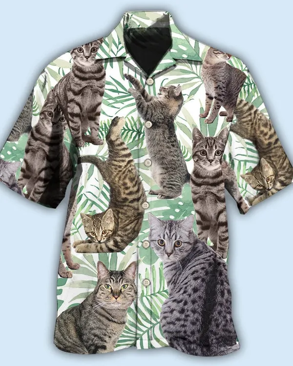 Tropical Leaf Tabby Cat Hawaiian Shirt, Shirt For Cat Lovers, Cat Hawaiian Shirt