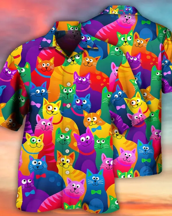 Hawaiian Shirt With Funny Colorful Cat Pattern, Cat Lovers Hawaiian Shirt