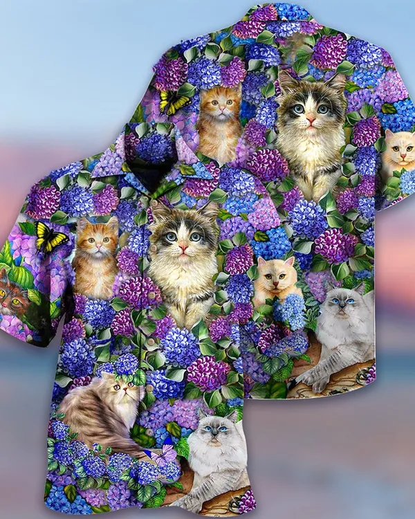 Hawaiian Shirt With Lovely And Purple Flowers, Cat Lovers Hawaiian Shirt