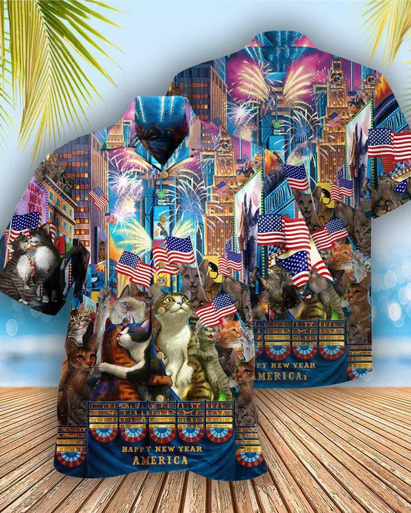 Cat Hawaiian Shirt For Summer, Cat American Flag, Lets Countdown Hawaiian Shirts Outfit For Men Women, Cat Lovers, Happy New Year America