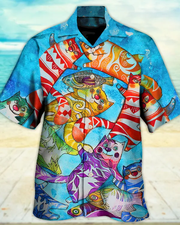 Cat And Fish Hawaiian Shirt For Summer, Best Colorful Cool Cat Hawaiian Shirts Outfit For Men Women, Friend, Team, Cat Lovers