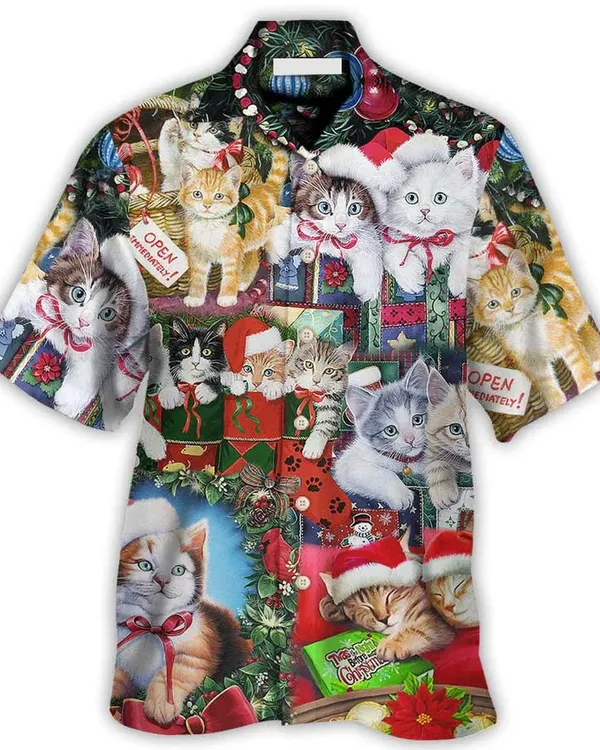 Cat Christmas Hawaiian Shirt For Summer, Christmas Tree Merry Xmas, Best Colorful Cool Cat Hawaiian Shirts Outfit For Men Women, Friend, Team, Cat Lovers