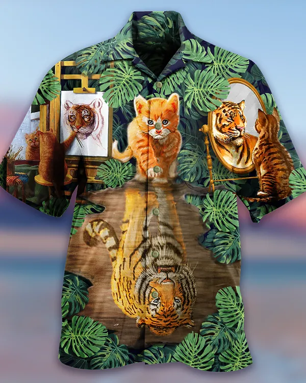Cat And Tiger Hawaiian Shirt For Summer, Monstera Leaves, Best Colorful Cool Cat Hawaiian Shirts Outfit For Men Women, Friend, Team, Cat Lover