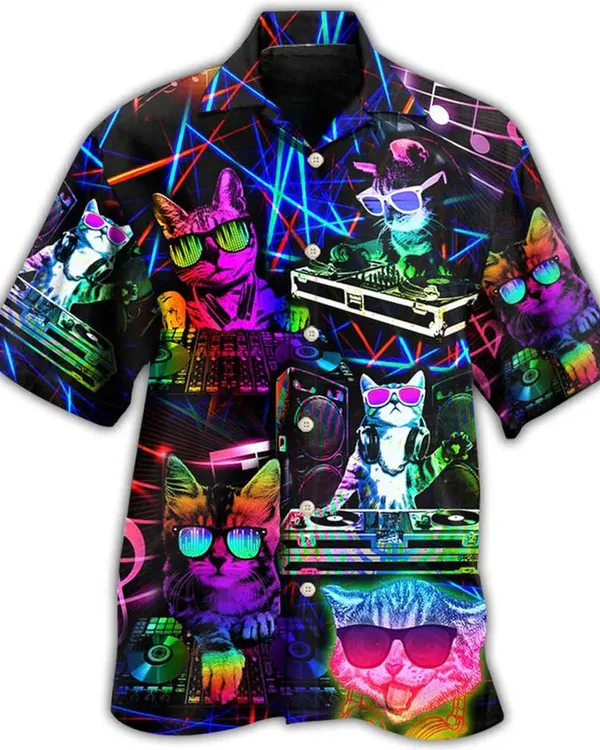Cat Hawaiian Shirt For Summer, Cat DJ Colorful Cool Cat Hawaiian Shirts Outfit For Men Women, Gift For Friend, Team, Cat Lovers