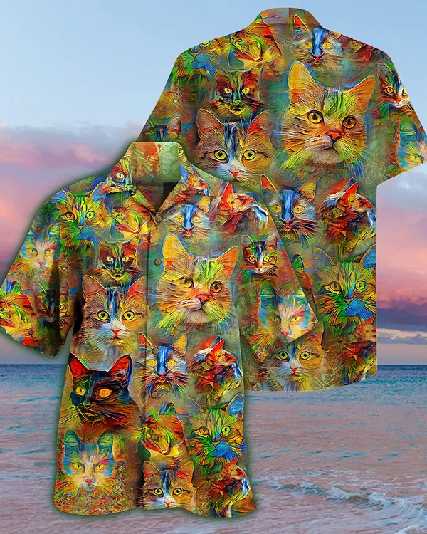 Cat Hawaiian Shirt For Summer, Beautiful Cat Painting, Colorful Cool Cat Hawaiian Shirts Outfit For Men Women, Friend, Team, Cat Lovers