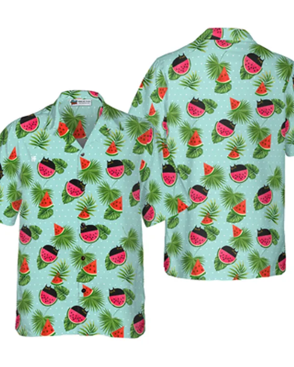 Black Cat Hawaiian Shirt, Cat Watermelon Shirt For Men - Perfect Gift For Men, Cat Lovers, Husband, Boyfriend, Friend, Family