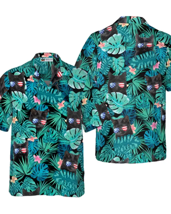 Black Cat Hawaiian Shirt, Black Cat Tropical Fourth Of July Hawaiian Shirt For Men - Perfect Gift For Cat Lovers, Husband, Boyfriend, Friend, Family
