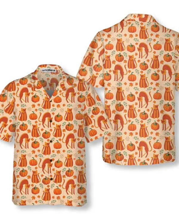 Cat Hawaiian Shirt, Pumpkin Cat Lover Thanksgiving Shirt For Men - Perfect Gift For Men, Cat Lovers, Husband, Boyfriend, Friend, Family