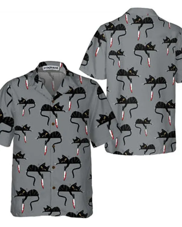 Black Cat With Knife Hawaiian Shirt, Funny Black Cat Shirt For Men - Perfect Gift For Men, Cat Lovers, Husband, Boyfriend, Friend, Family