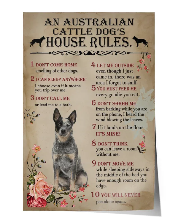 An Australian Cattle Dogs House Rules Poster Artwork Wall Art Poster Canvas Prints for Home Office Living Room Decorations Wall Decor Artwork Print Poster Wall Art Print Home Decor Vintage
