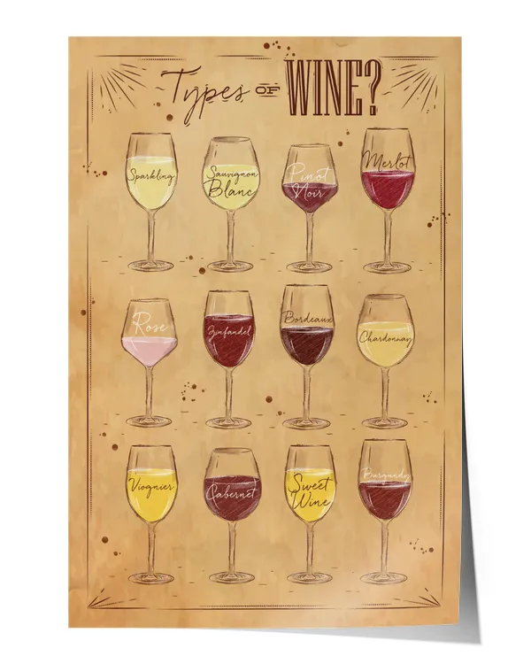 Types of Wine Sparkling Pinot Noir Merlot Poster