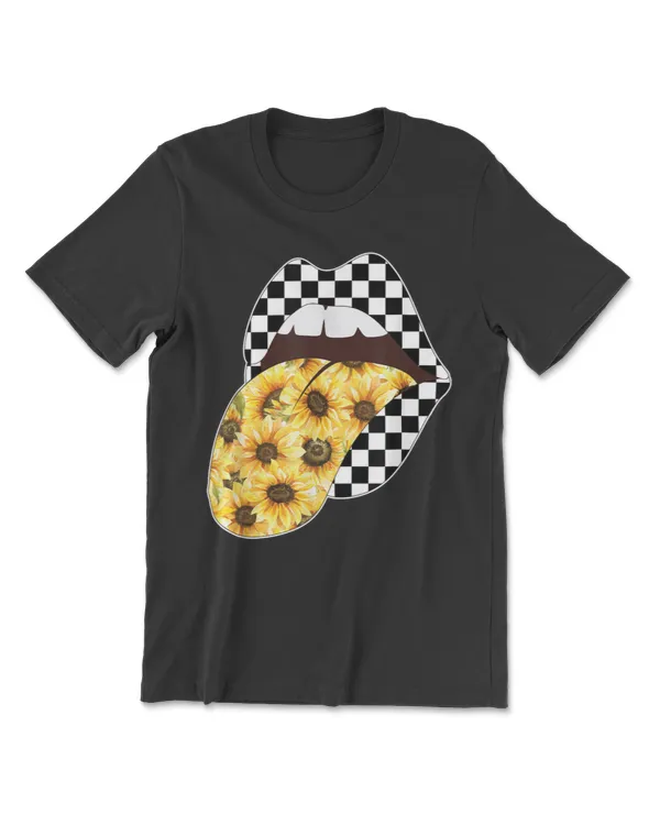 Checkerboard Sunflower Tongue Out Checkered Lips T-Shirt
