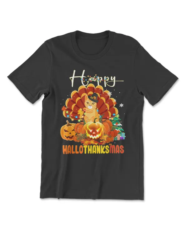 Cat Halloween And Merry Christmas Happy Hallothanksmas T-Shirt