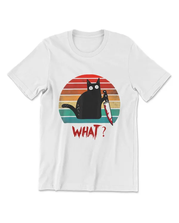 Vintage Cat What Funny Black Cat Murderous Cat With Knife T-Shirt