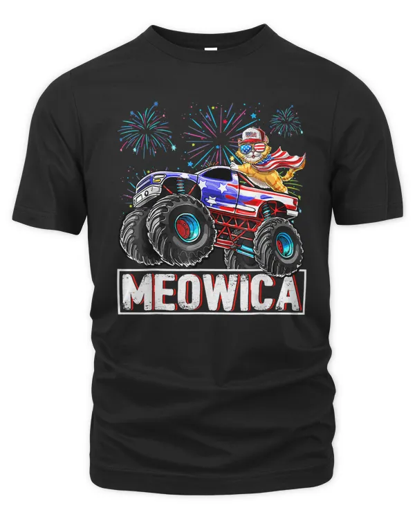 4th of July Meowica American Flag Cat Trucker Fireworks Fun T-Shirt
