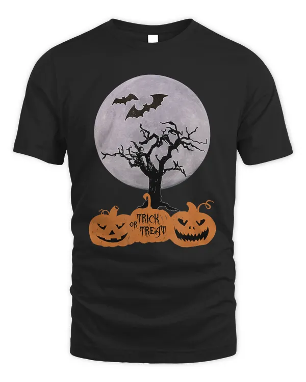 Full Moon Art  Halloween Trick Treat Graphic Pumpkin, Bats T-Shirt