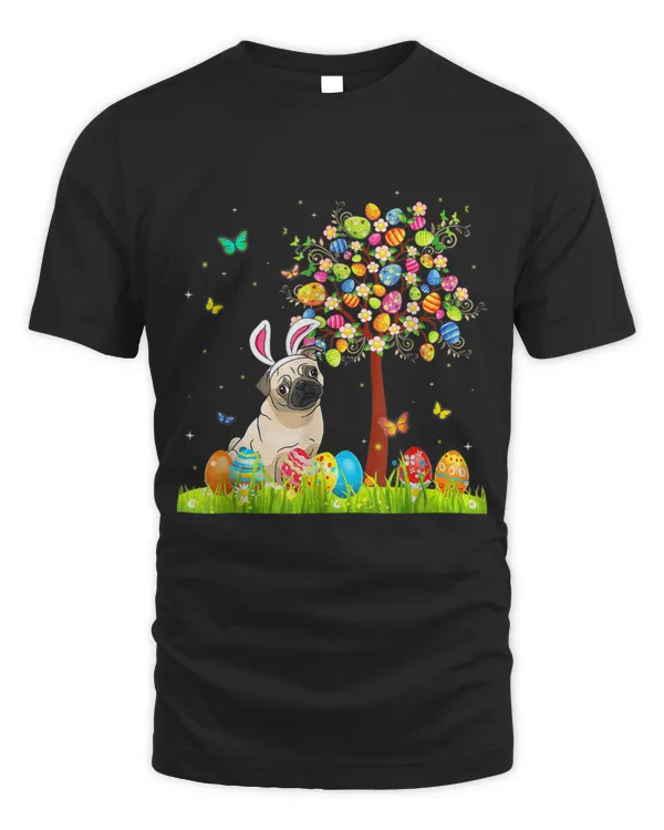 Cute Bunny Pug Easter Eggs Tree Easter T-Shirt