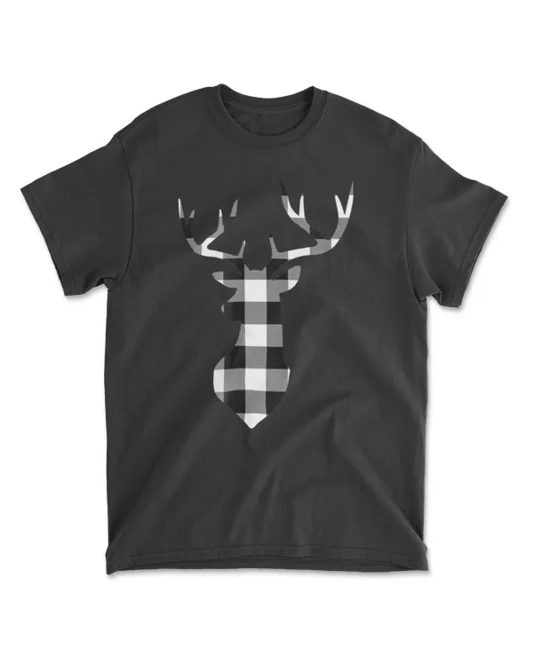 Black &amp; White Buffalo Plaid Flannel Christmas Deer Tshirt