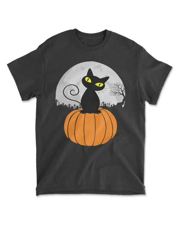 Cute Black Cat On Pumpkin Full Moon Funny Halloween T-Shirt