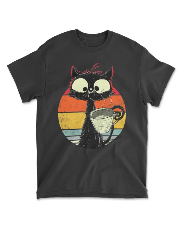 Cute Coffee Cat _ Funny Vintage Cat _ Black Cat _ Retro Cat T-Shirt
