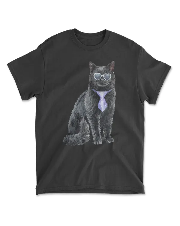 Funny Watercolor Black Cat Wearing Cravat and Sunglasses T-Shirt