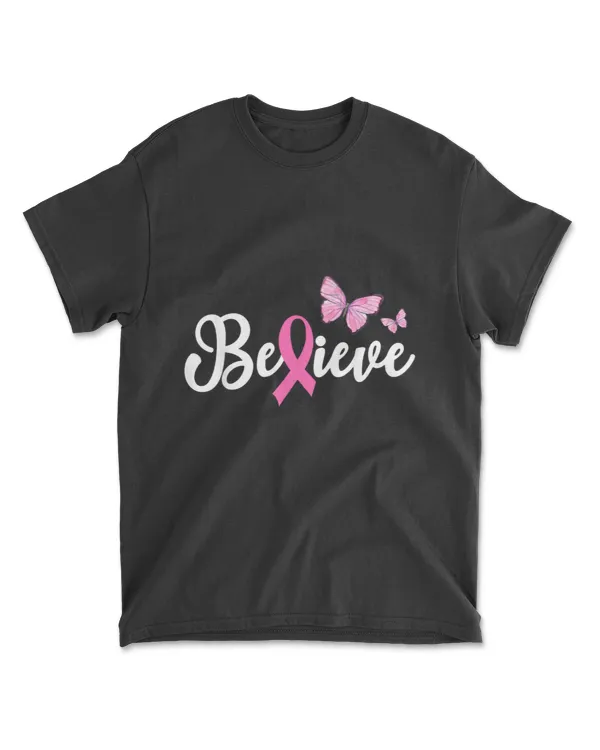 Believe Butterfly Pink Ribbon Breast Cancer Awareness Month T-Shirt