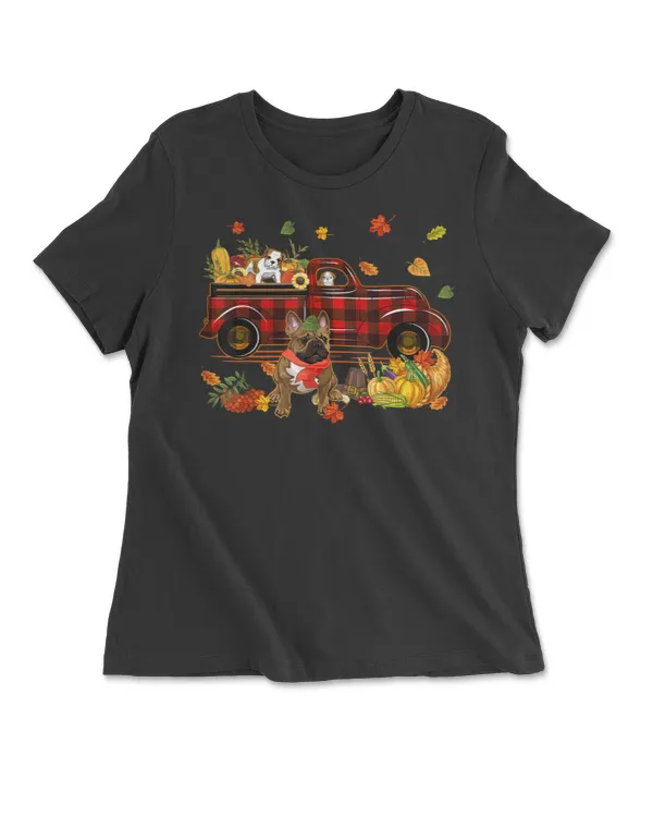 Bulldog With Red Plaid Truck Thanksgiving Autumn Fall T Shirt