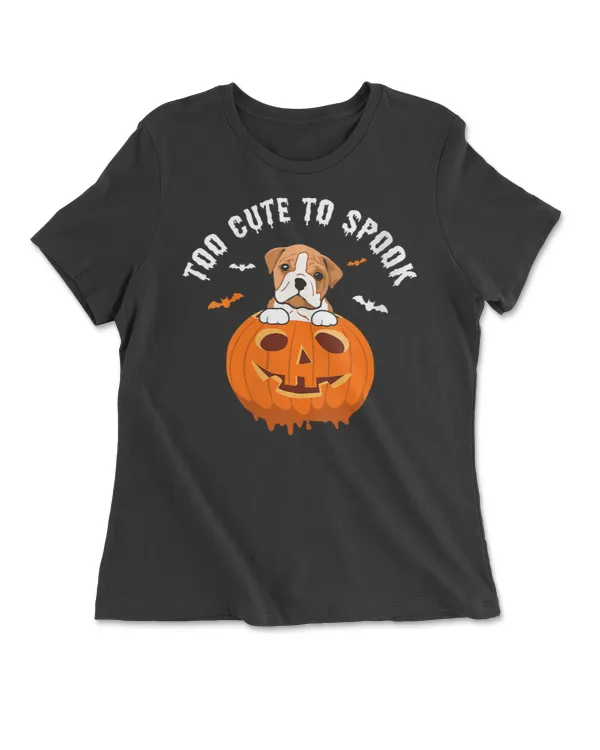 Womens Halloween English Bulldog Too Cute To Spook Pumpkin Costumes V Neck T Shirt