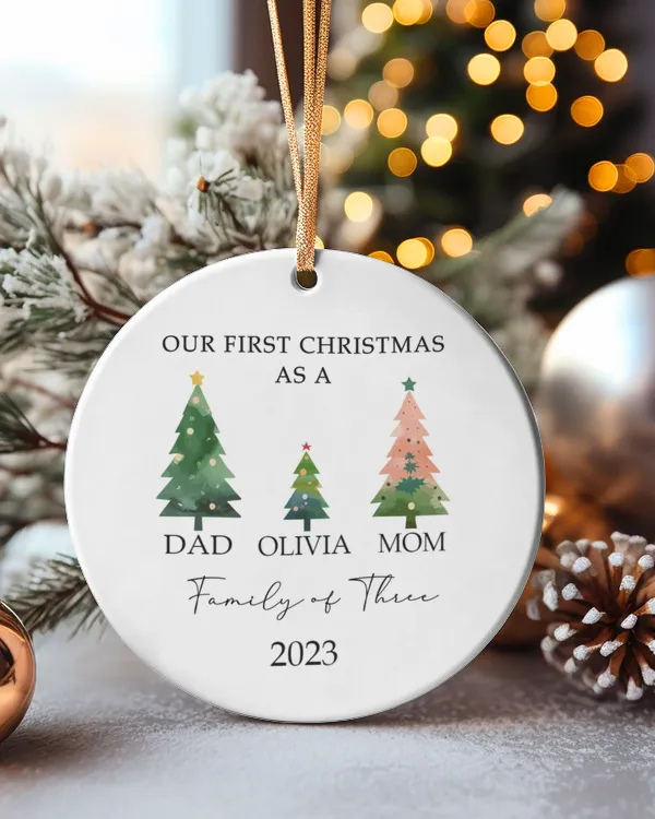 Personalized "Our First Christmas As A Family of Three" Baby's First Christmas Ornament