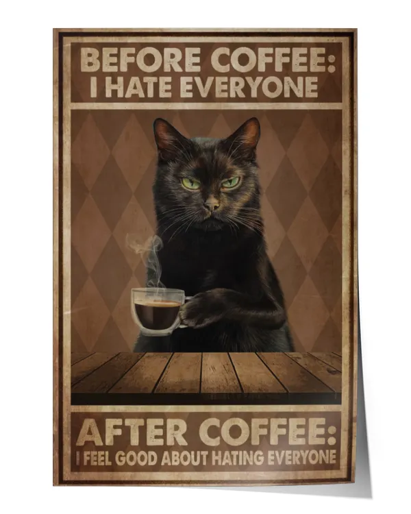 home decor poster black cat before coffee vertical poster ideal gift