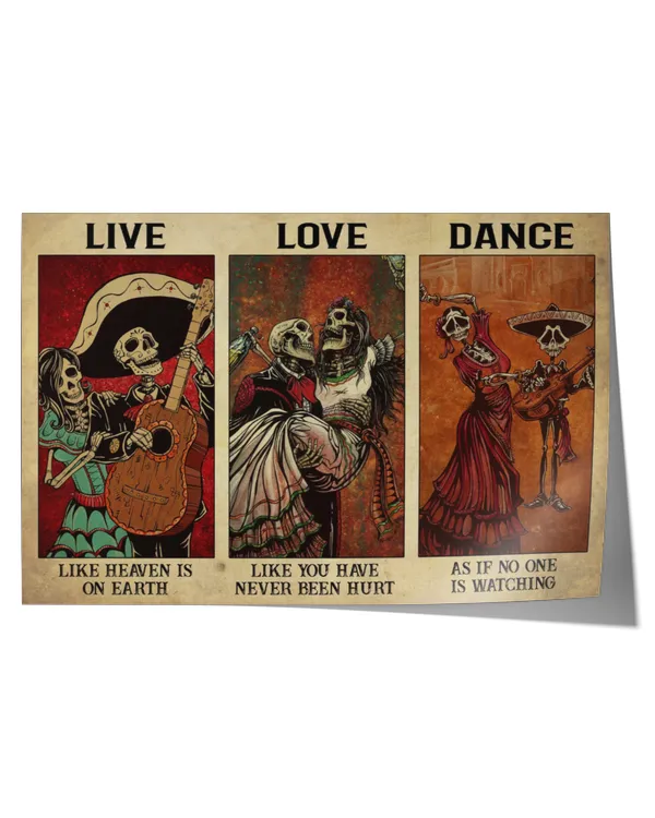 day of the dead skull couple live love dance  home decor wall horizontal poster ideal gift