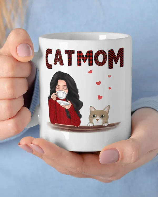 Cat Mom Red Patterned Personalized Mug, Cat Mom Mug, Custom Mothers Day Mug, Personalized Mothers Day Mugs 3