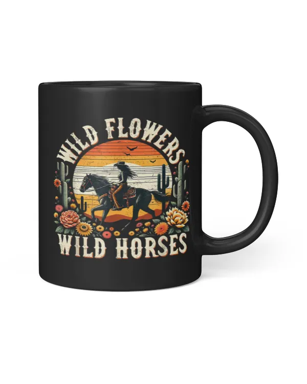 Sunset Cowgirl Riding Horse Wild Flowers Wild Horses