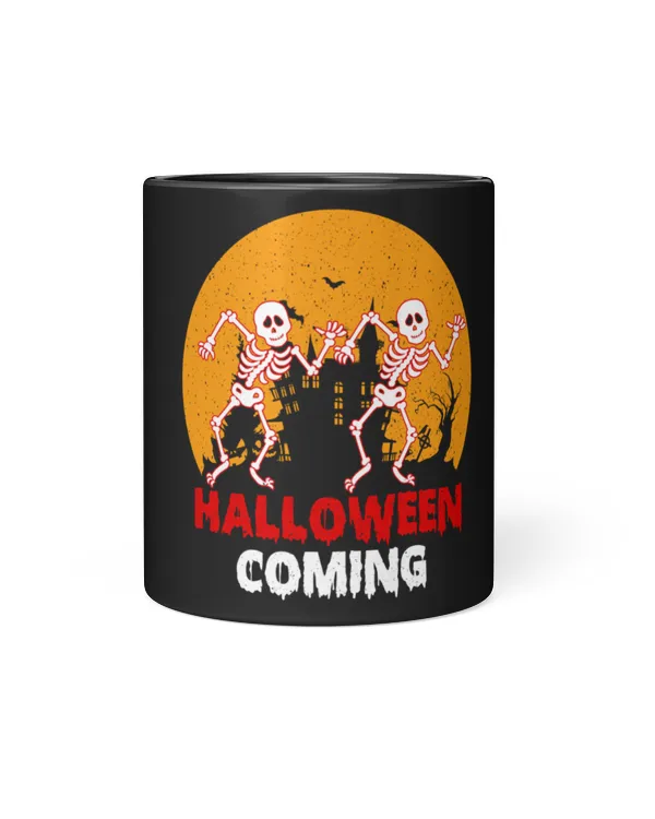 Halloween Coming Black Mug, blood moon skeletons bats