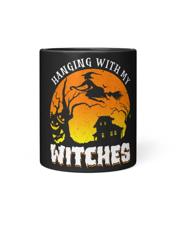Hanging With My Witches Black Mug, blood moon witch riding broom