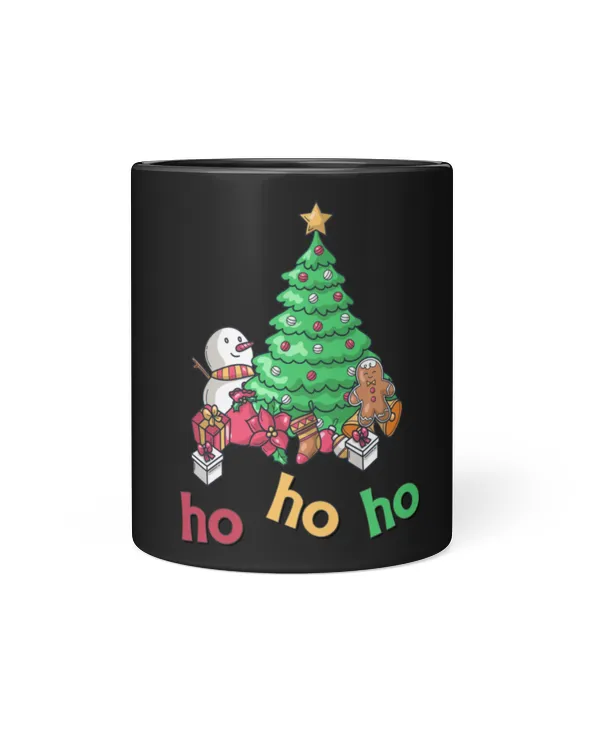 Merry Christmas Ho Ho Ho Black Mug, christmas tree gift box balls Christmas bells snow scarecrow