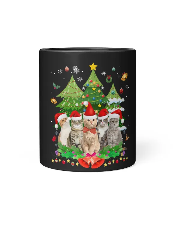 Merry Catmas In Hat, Christmas Tree Black Mug 11oz