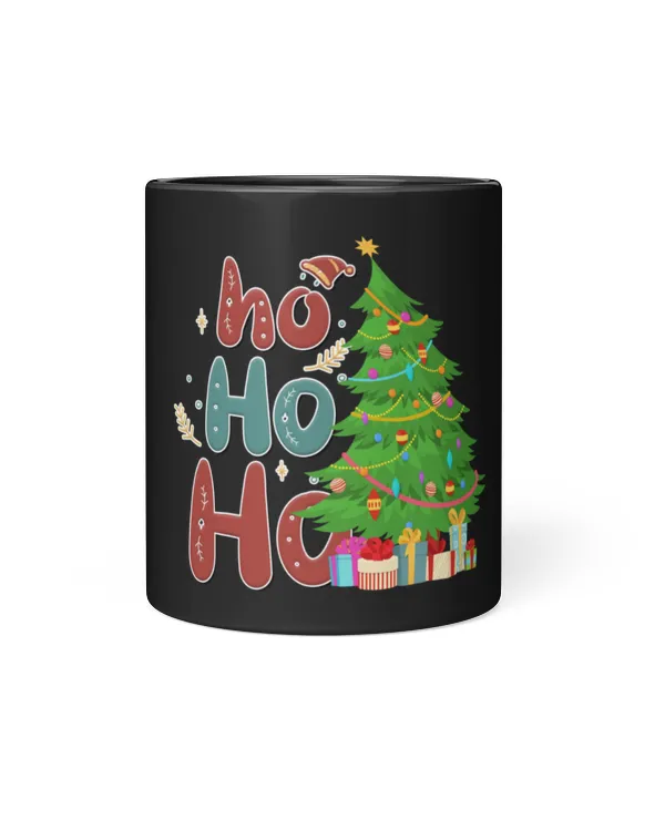 Merry Christmas Ho Ho Ho, Christmas tree gift box Black Mug 11oz