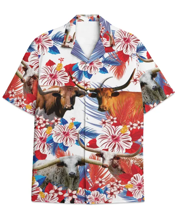 TX-Longhorn Cattle With American Flag Tropical Plant Pattern Hawaii Hawaiian Shirt