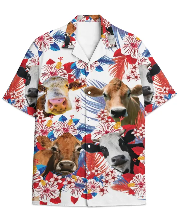 Jersey Cattle With American Flag Tropical Plant Pattern Hawaii Hawaiian Shirt