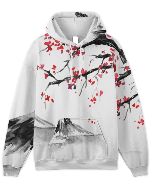 Japanese Peach Blossoms And Mountains Hoodie T-Shirt