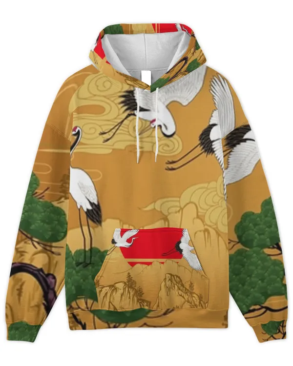 Landscape Japanese Cranes and Pines Hoodie Shirt